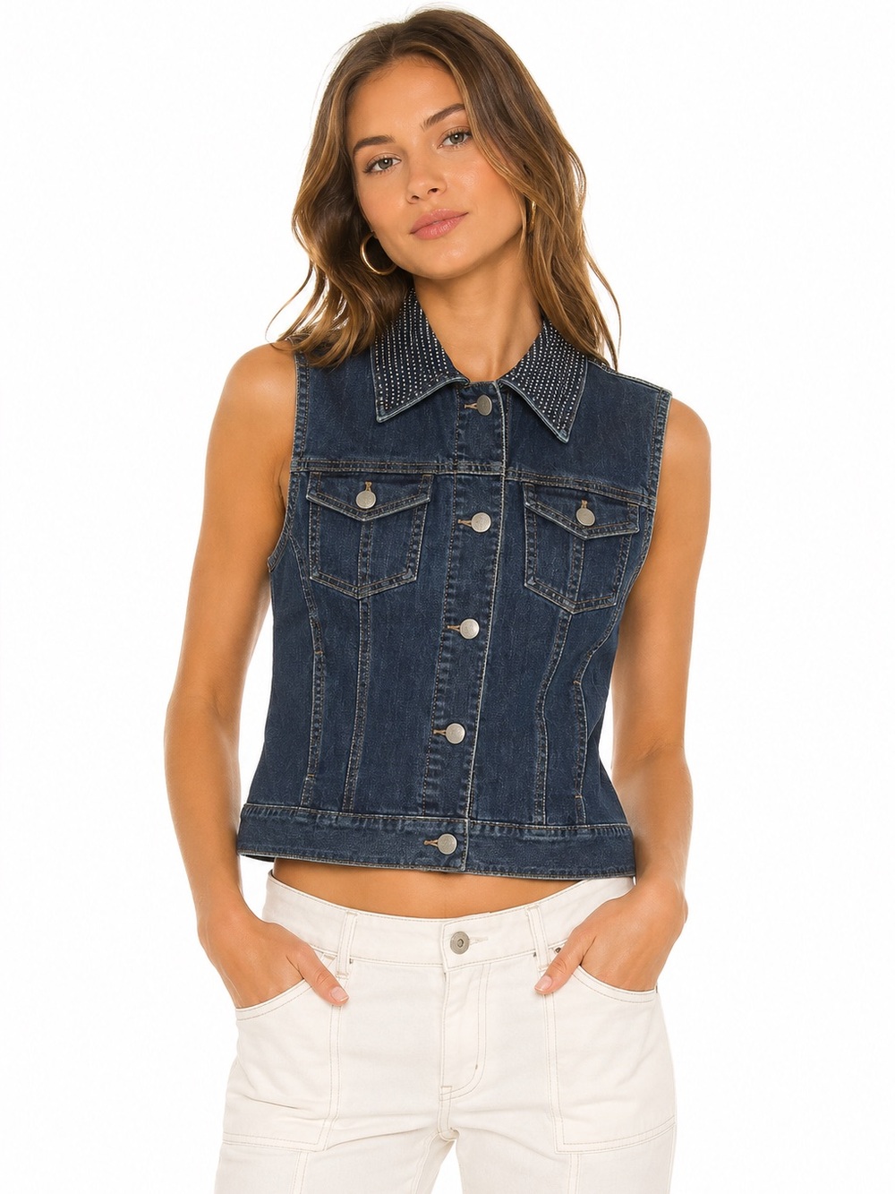 Chicos Platinum Denim Vest Size 1 Studded Collar Y2K Western Coastal Chic EUC